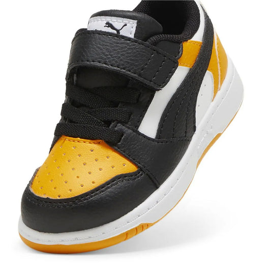 Puma REBOUND V6 LO AC+INF scarpa ginnastica primi passi in pelle nera bianca e gialla