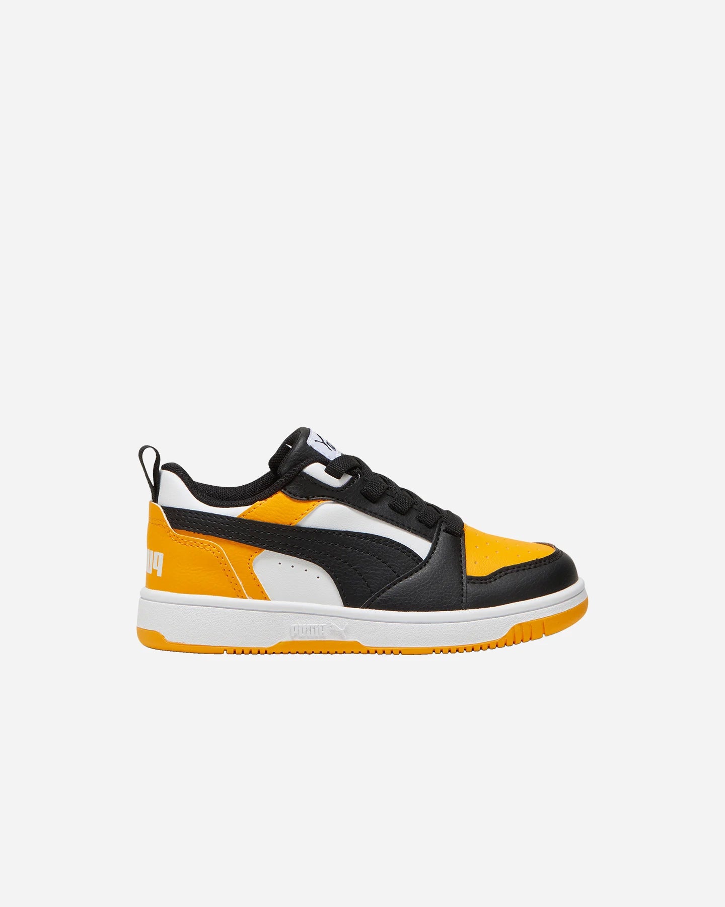Puma REBOUND V6 LO AC+PS scarpa ginnastica da bambino in pelle nera bianca e gialla