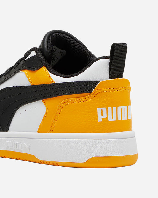 Puma REBOUND V6 LO AC+PS scarpa ginnastica da bambino in pelle nera bianca e gialla
