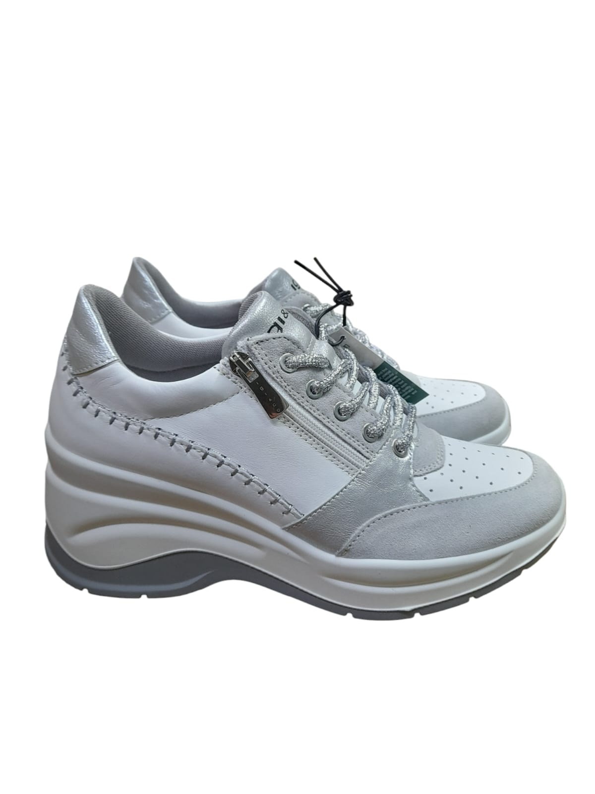 Sneakers IGI&CO scarpa a zeppone donna MADE IN ITALY pelle bianco e camoscio grigio