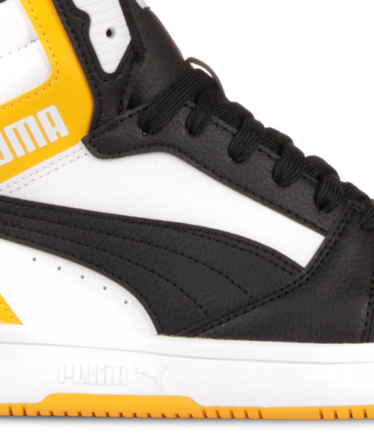 PUMA REBOUND V6 Mid Jr Scarpa da uomo basket in pelle bianca nera e gialla
