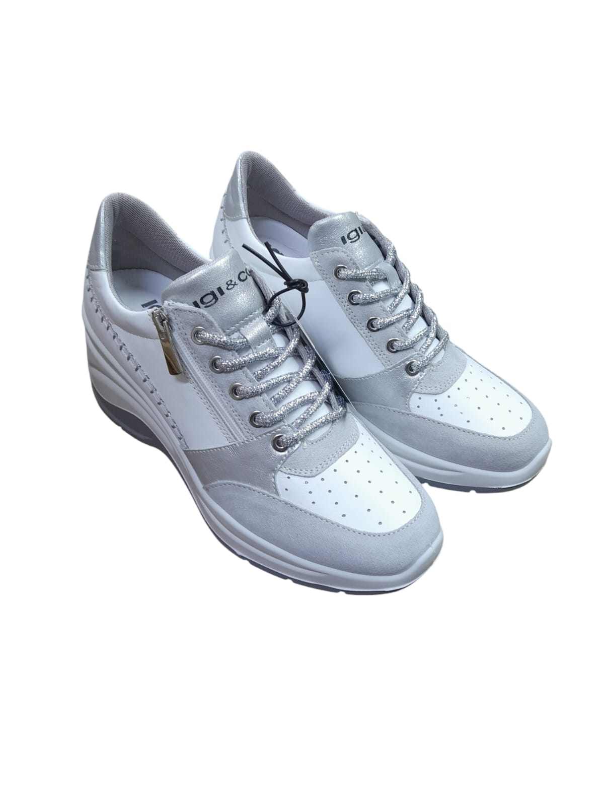 Sneakers IGI&CO scarpa a zeppone donna MADE IN ITALY pelle bianco e camoscio grigio