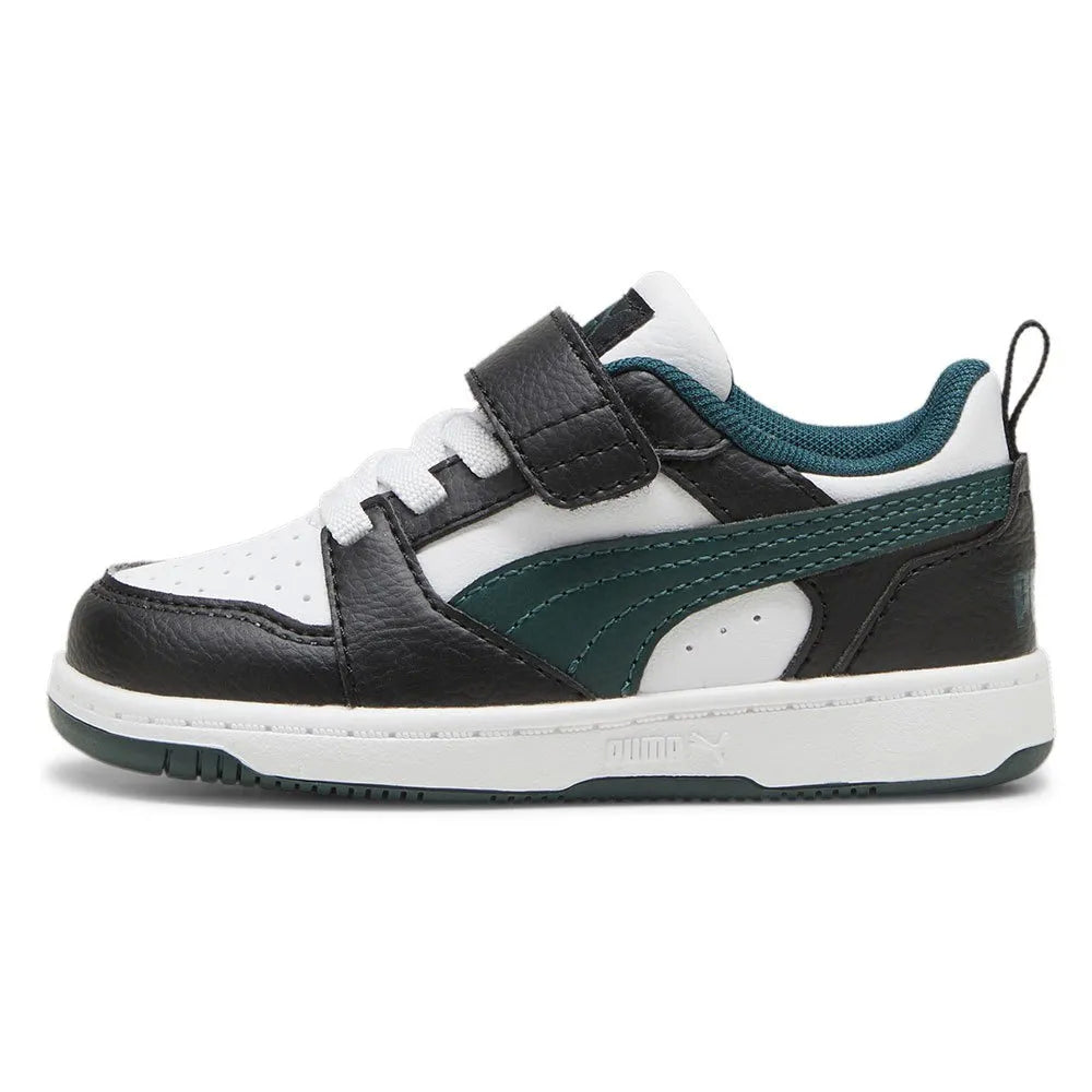Puma REBOUND V6 LO AC+INF scarpa ginnastica primi passi in pelle nera bianca e verde