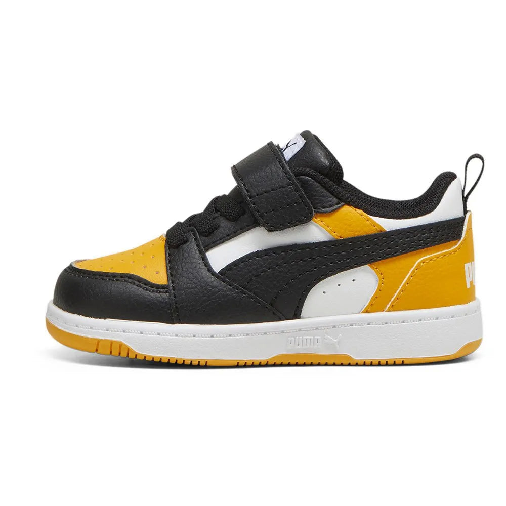 Puma REBOUND V6 LO AC+INF scarpa ginnastica primi passi in pelle nera bianca e gialla