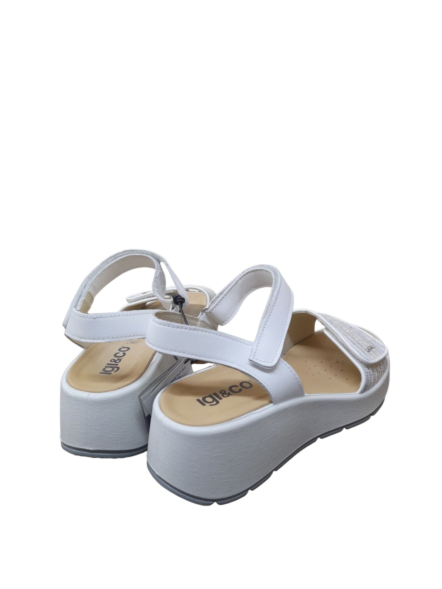 Sandalo IGI&CO da donna a zeppa MADE IN ITALY pelle e tessuto jamir bianco e azzurro