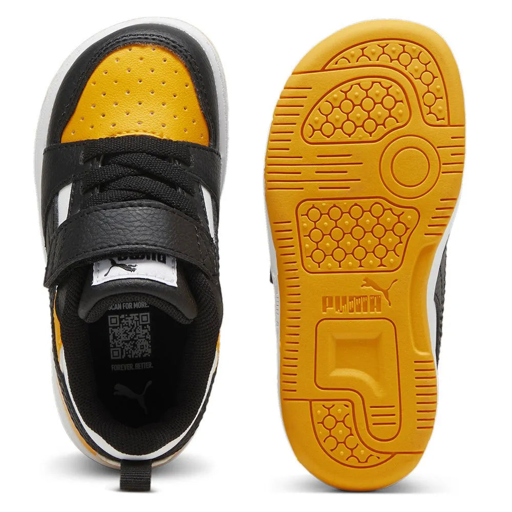 Puma REBOUND V6 LO AC+INF scarpa ginnastica primi passi in pelle nera bianca e gialla