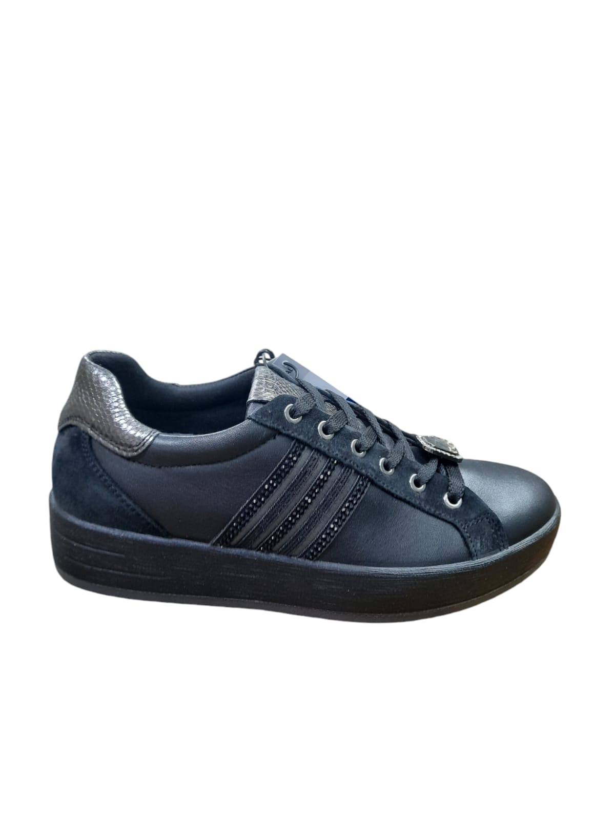 Scarpa IGI&CO donna sportiva zeppa interna MADE IN ITALY pelle nero e laminato piombo