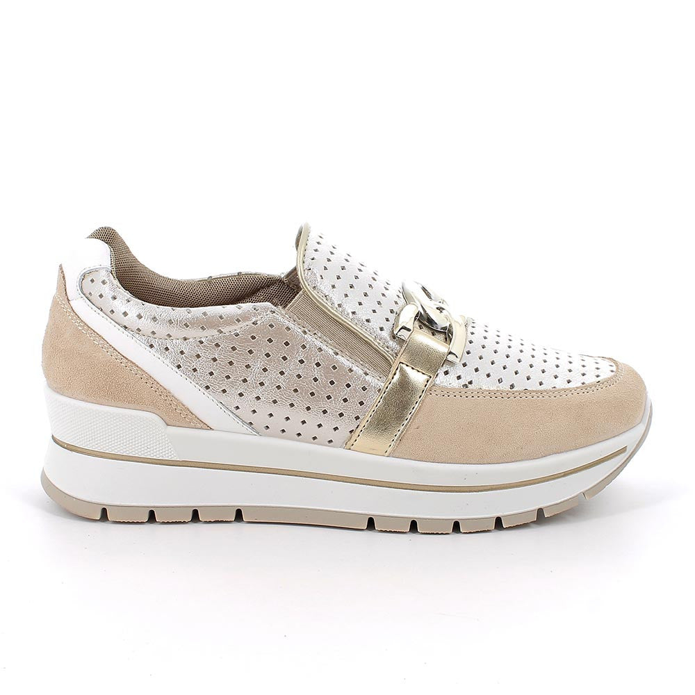 Mocassino IGI&CO scarpa donna MADE IN ITALY in camoscio avorio e pelle platino