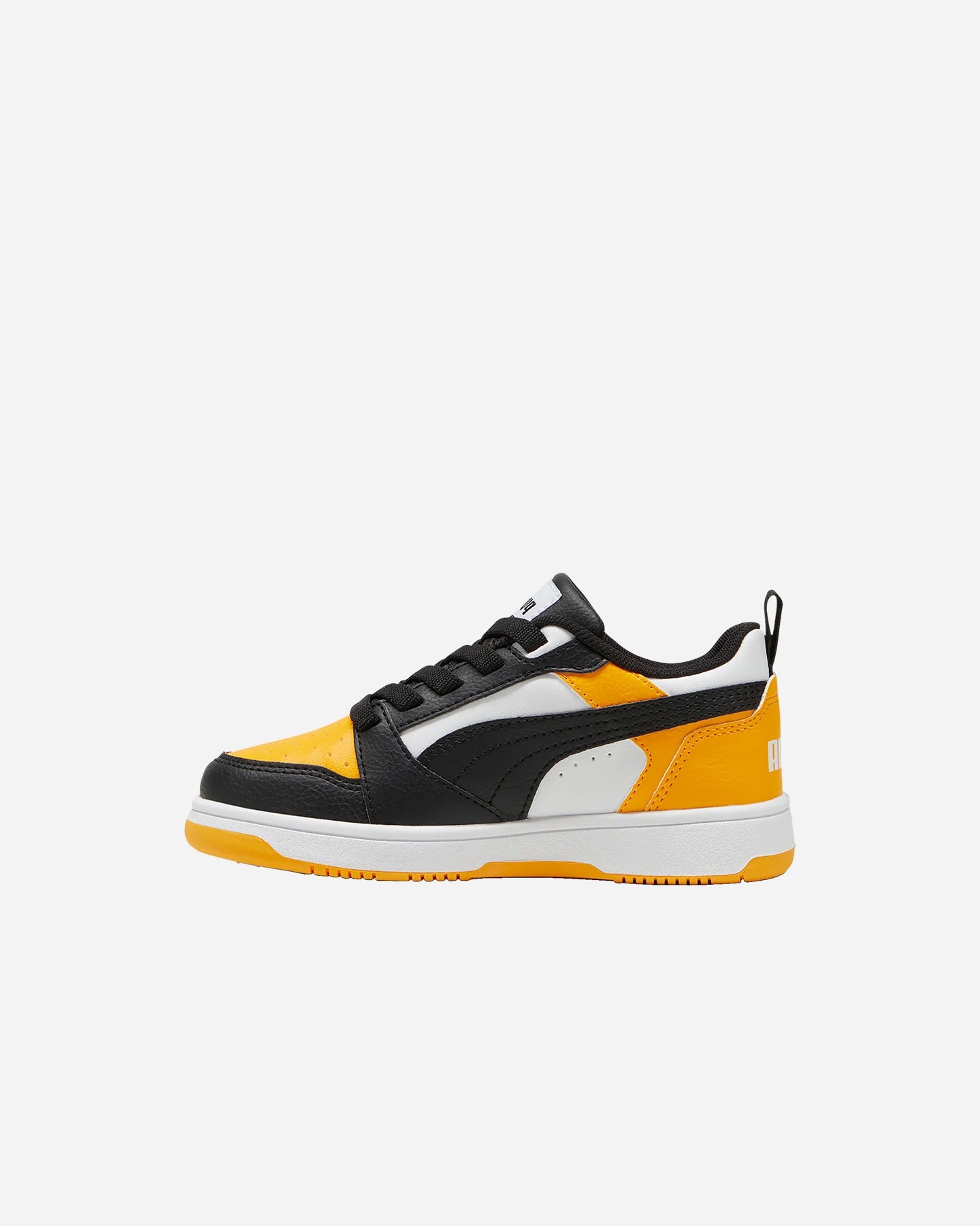 Puma REBOUND V6 LO AC+PS scarpa ginnastica da bambino in pelle nera bianca e gialla