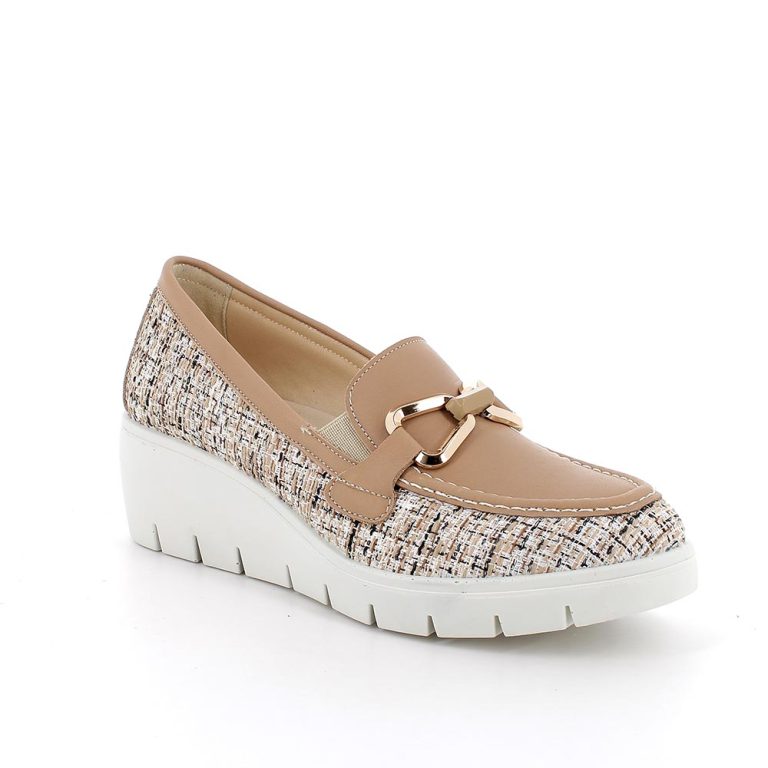 Mocassino ENVAL SOFT scarpa donna MADE IN ITALY in pelle camel e tessuto laminato