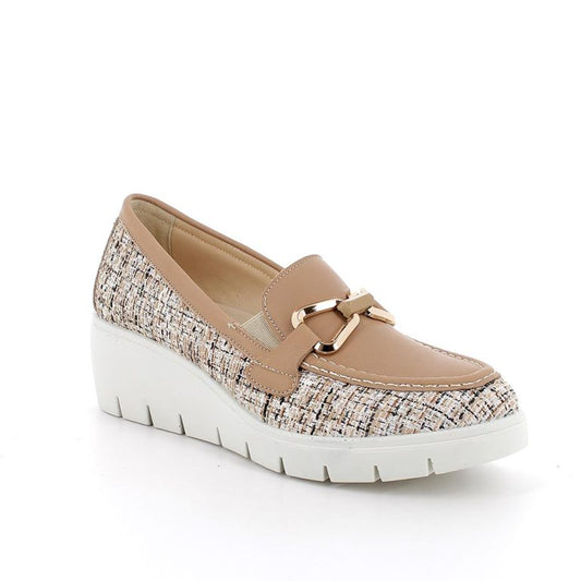 Mocassino ENVAL SOFT scarpa donna MADE IN ITALY in pelle camel e tessuto laminato
