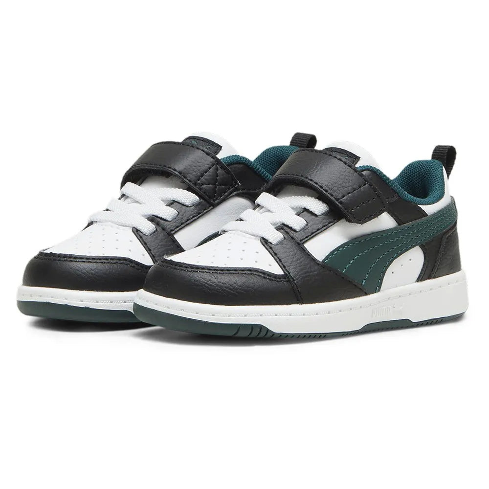 Puma REBOUND V6 LO AC+INF scarpa ginnastica primi passi in pelle nera bianca e verde