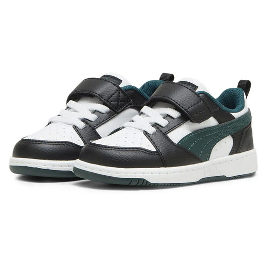 Puma REBOUND V6 LO AC+INF scarpa ginnastica primi passi in pelle nera bianca e verde