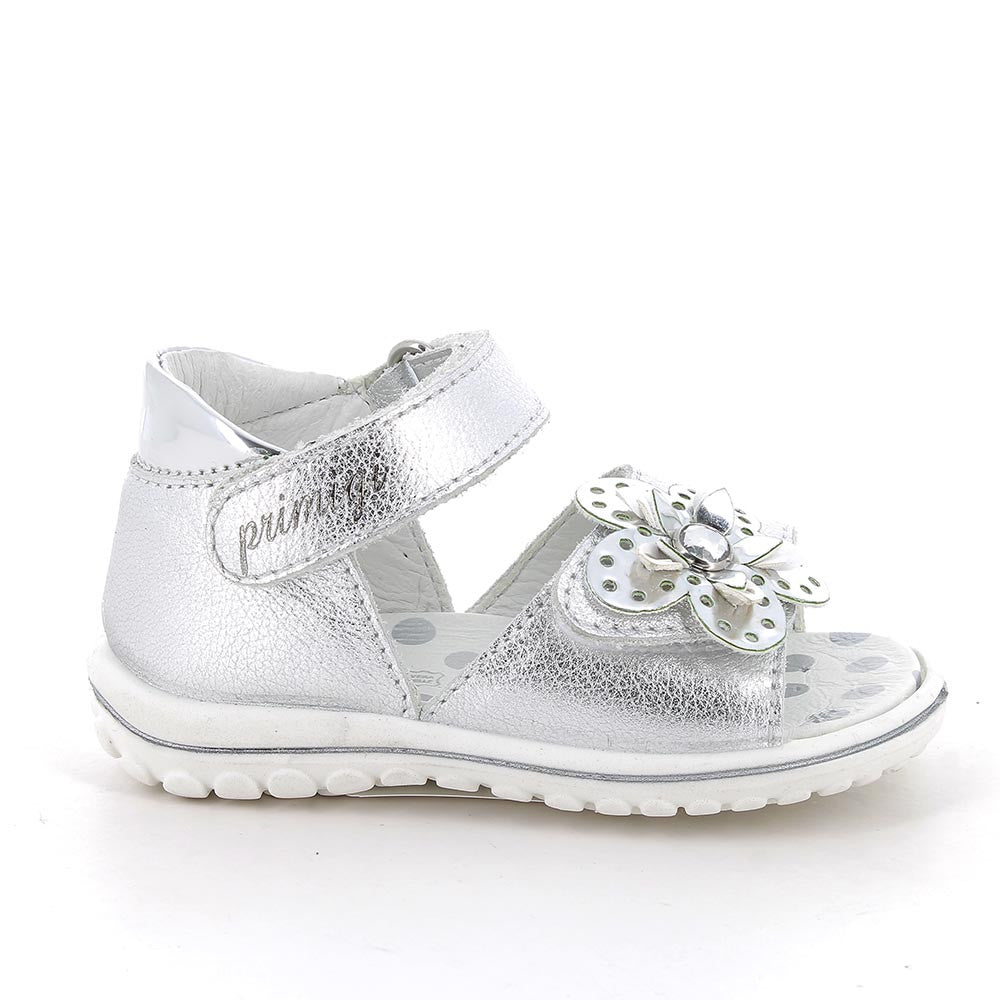 Sandalo PRIMIGI PRIMI PASSI da bambina in pelle/nappa fiore bottolato argento