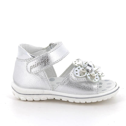 Sandalo PRIMIGI PRIMI PASSI da bambina in pelle/nappa fiore bottolato argento