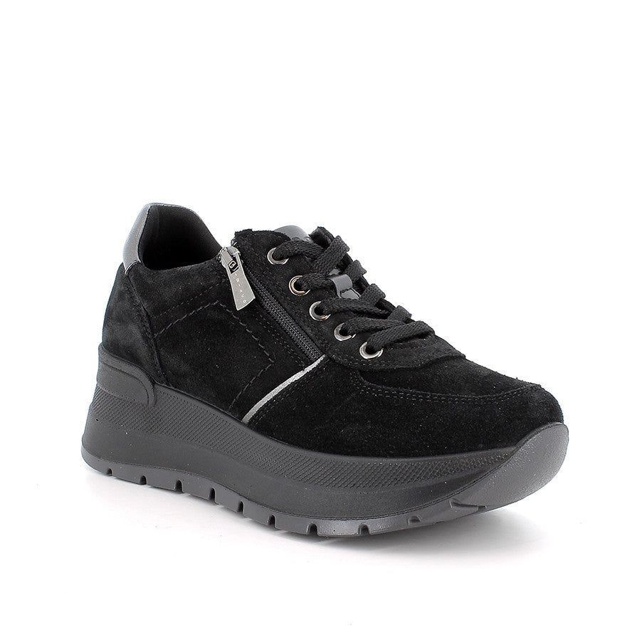 Sneakers IGI&CO scarpa donna MADE IN ITALY in camoscio super nero a zeppa