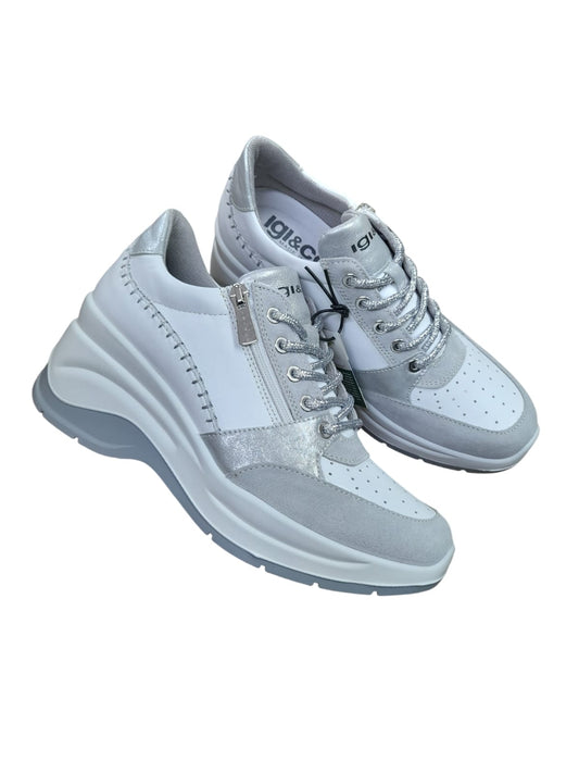 Sneakers IGI&CO scarpa a zeppone donna MADE IN ITALY pelle bianco e camoscio grigio