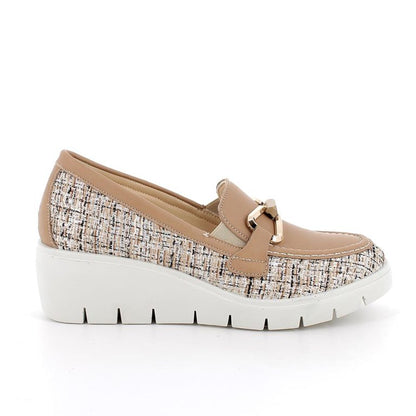 Mocassino ENVAL SOFT scarpa donna MADE IN ITALY in pelle camel e tessuto laminato