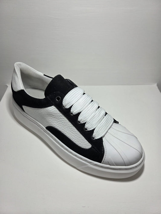 Sneakers uomo Top punta pelle bianca e camoscio nero MVshoes calzature MADE IN ITALY