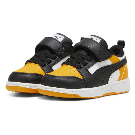 Puma REBOUND V6 LO AC+INF scarpa ginnastica primi passi in pelle nera bianca e gialla