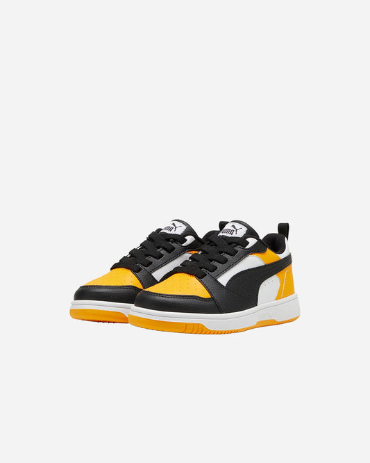 Puma REBOUND V6 LO AC+PS scarpa ginnastica da bambino in pelle nera bianca e gialla