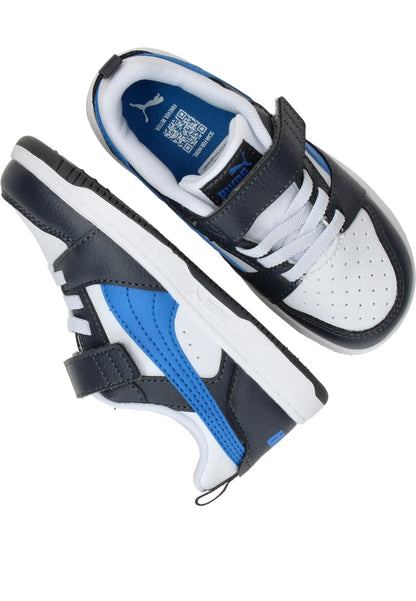 Puma REBOUND V6 LO AC+PS scarpa ginnastica bambino in pelle grigia bianca e blu