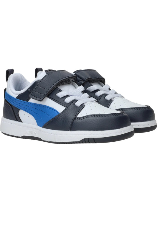 Puma REBOUND V6 LO AC+PS scarpa ginnastica bambino in pelle grigia bianca e blu