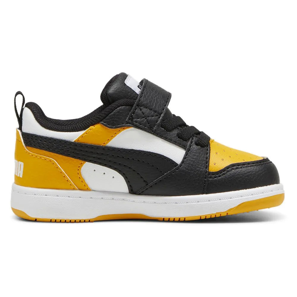 Puma REBOUND V6 LO AC+INF scarpa ginnastica primi passi in pelle nera bianca e gialla