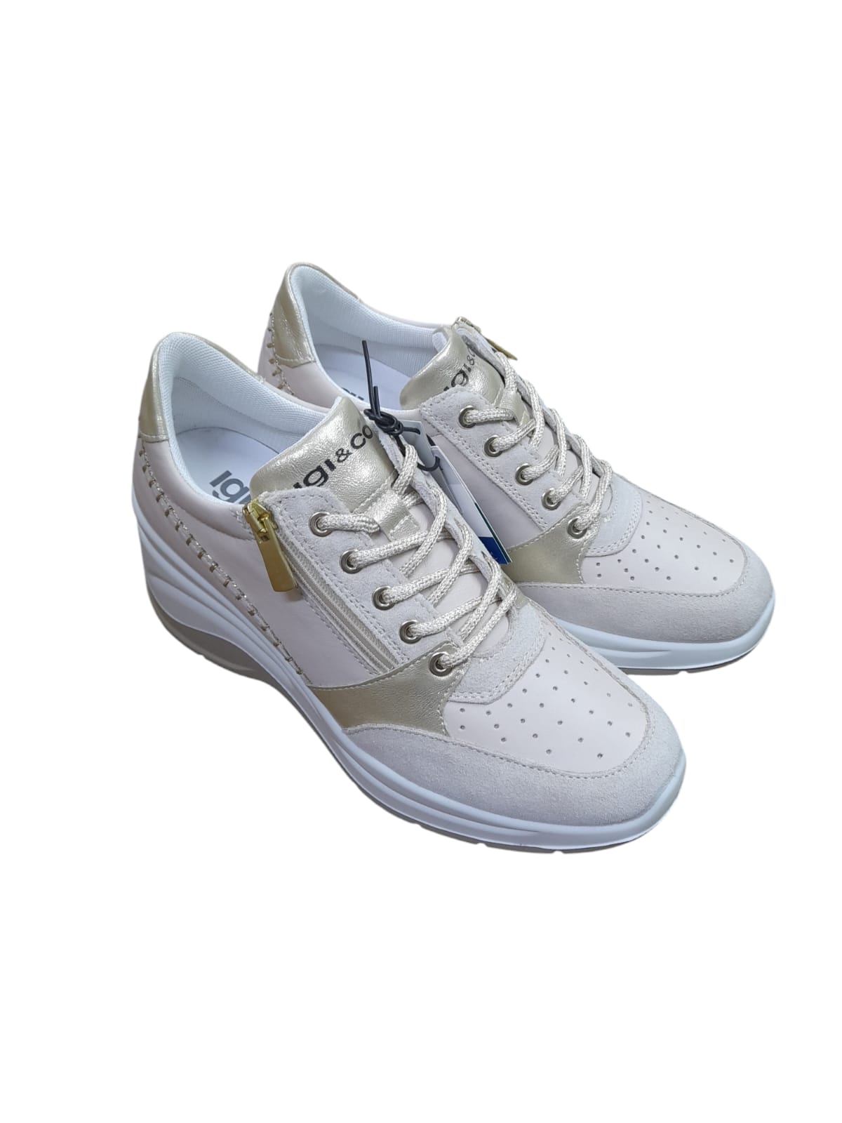 Sneakers IGI&CO scarpa sportiva a zeppone donna MADE IN ITALY pelle e camoscio beige