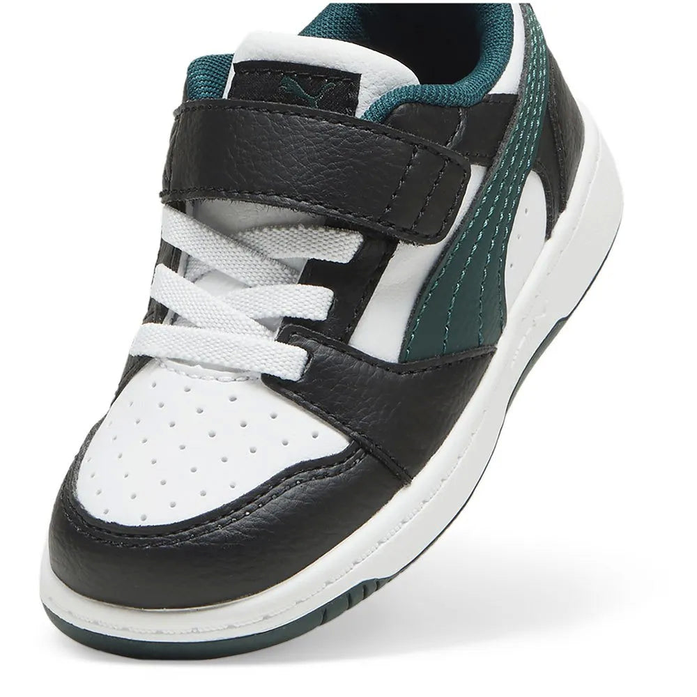 Puma REBOUND V6 LO AC+INF scarpa ginnastica primi passi in pelle nera bianca e verde