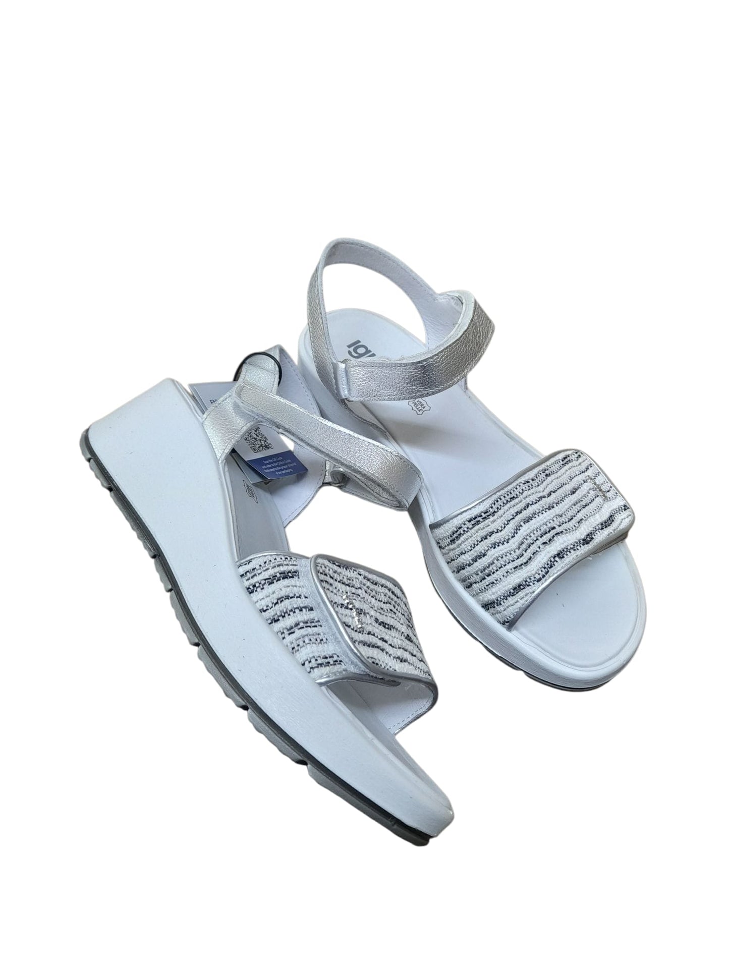 Sandalo IGI&CO da donna a zeppa MADE IN ITALY pelle e tessuto jamir argento e nero