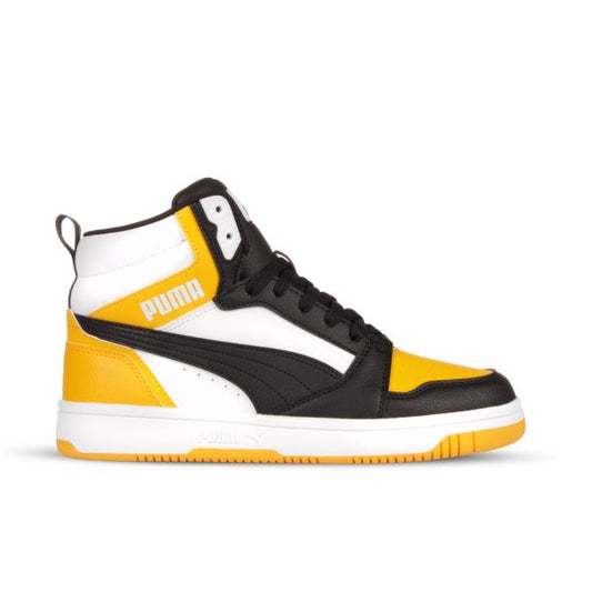 PUMA REBOUND V6 Mid Jr Scarpa da uomo basket in pelle bianca nera e gialla