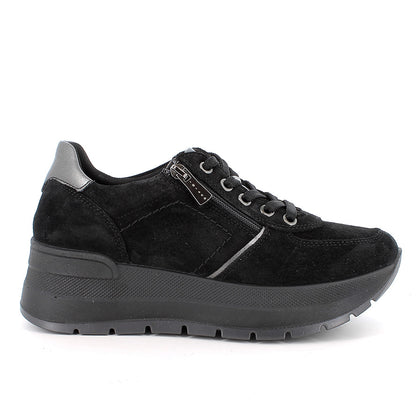 Sneakers IGI&CO scarpa donna MADE IN ITALY in camoscio super nero a zeppa