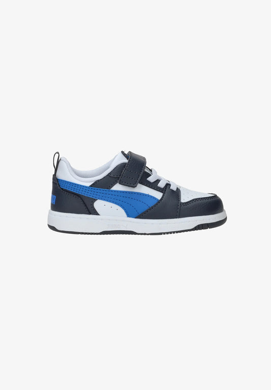 Puma REBOUND V6 LO AC+PS scarpa ginnastica bambino in pelle grigia bianca e blu